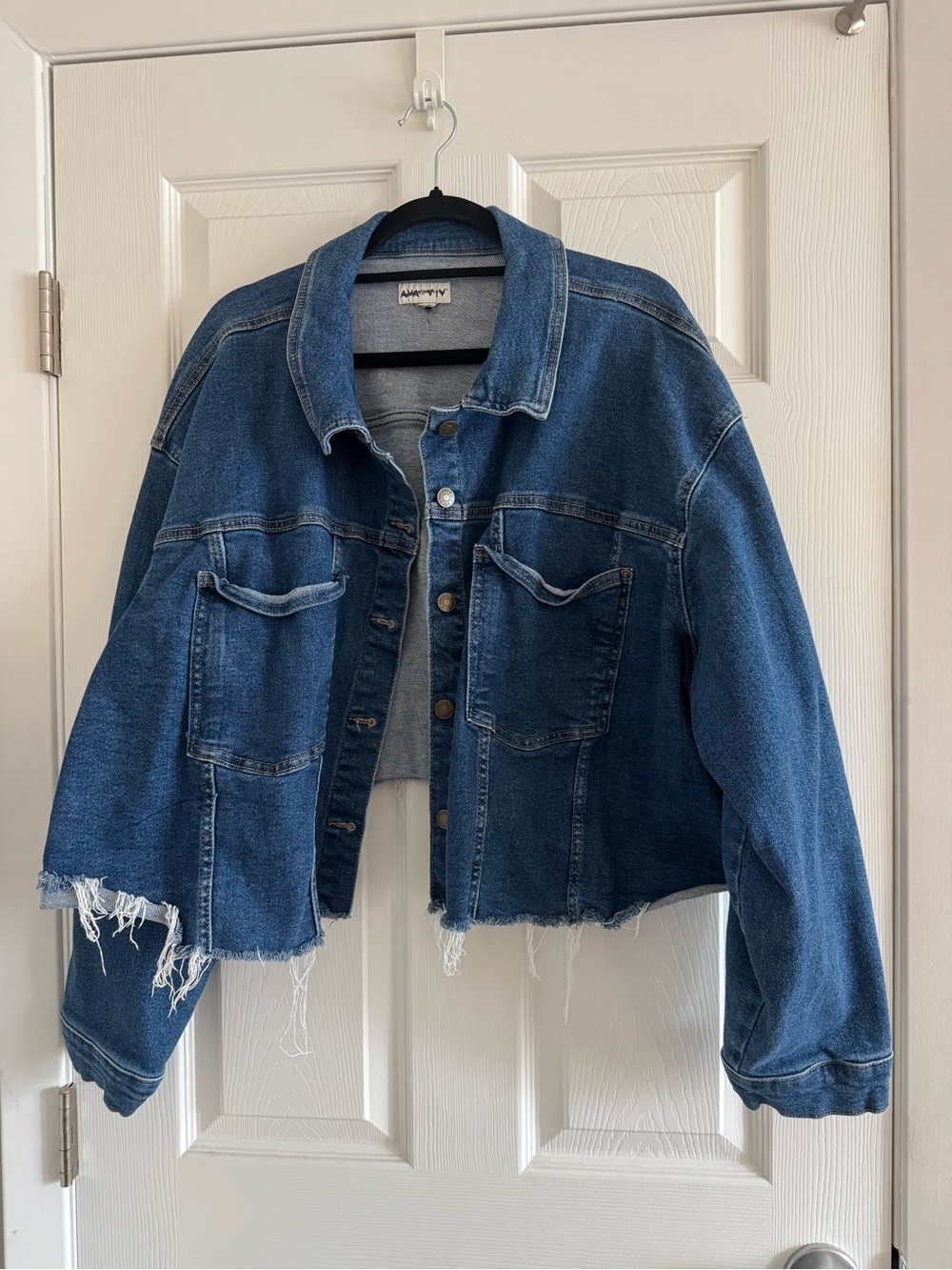 Ava & Viv Dark Blue Cropped Distressed Denim Jacket